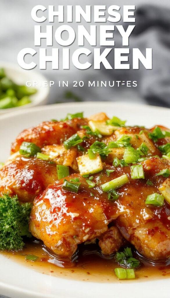 A plate of crispy Chinese Honey Chicken garnished with sesame seeds and green onions, served with steamed rice and colorful vegetables.