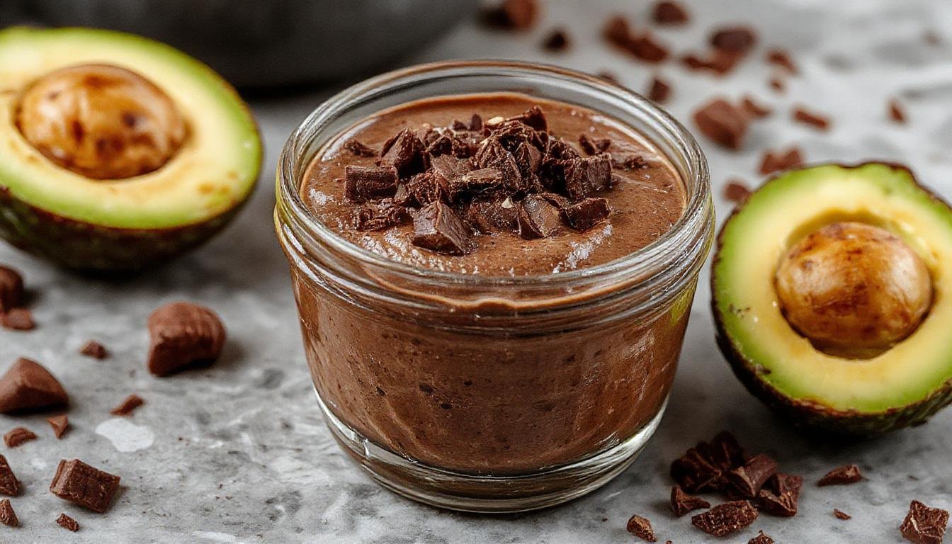 A smooth, velvety chocolate avocado mousse served in a clear glass bowl, topped with a sprinkle of cocoa powder and a few avocado slices for garnish. The dark, glossy mousse contrasts with the bright green of fresh avocado pieces, creating an inviting and decadent presentation.