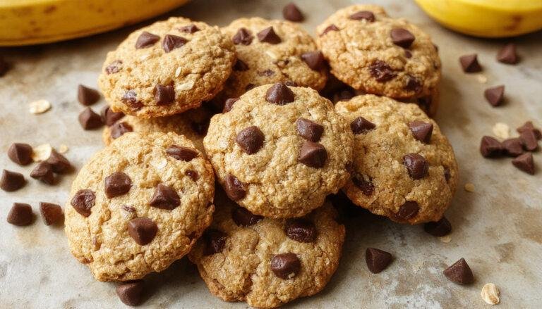 A close-up of golden-brown chocolate chip banana oatmeal cookies stacked on a rustic wooden surface. The cookies have a slightly cracked top, revealing chunks of melted chocolate and visible pieces of banana and oats, with a few chocolate chips sprinkled on top.