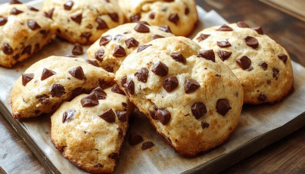 Golden-brown bakery-style chocolate chip scones arranged on a rustic wooden platter, with visible chocolate chips and a flaky, crumbly texture, topped with powdered sugar and fresh herbs for garnish.
