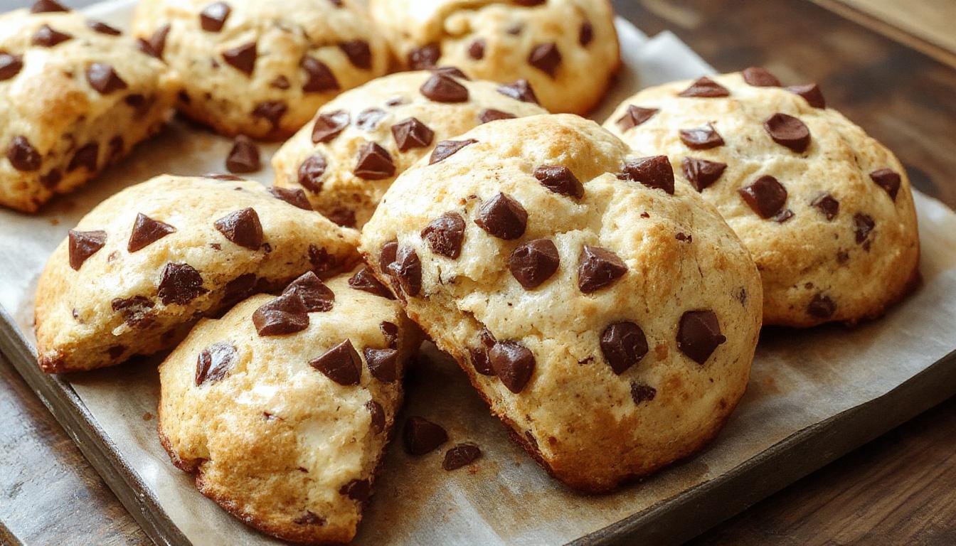 Golden-brown bakery-style chocolate chip scones arranged on a rustic wooden platter, with visible chocolate chips and a flaky, crumbly texture, topped with powdered sugar and fresh herbs for garnish.