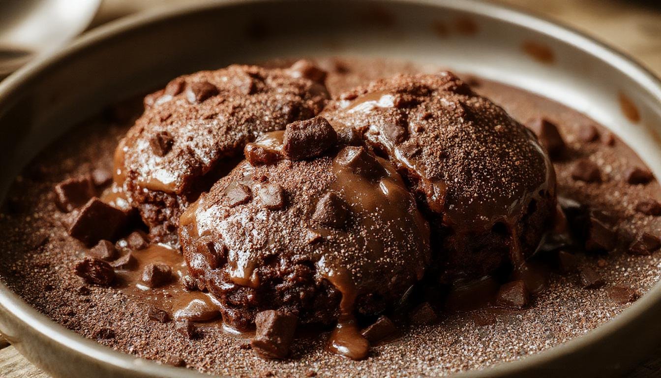 A pair of rich chocolate lava cakes on a white plate, each with a glossy, slightly cracked top revealing the gooey molten center. The cakes are garnished with a dusting of powdered sugar and a small sprig of mint, with a side of fresh berries and a drizzle of chocolate sauce. The background shows a softly blurred rustic wooden table, emphasizing the indulgent presentation.