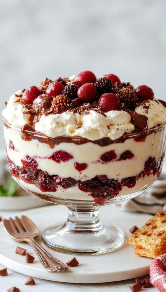 A festive Christmas Black Forest Trifle layered with chocolate cake, whipped cream, cherries, and chocolate shavings in a glass dish.