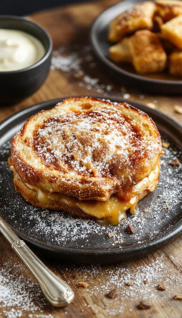 A plate of Churro Stuffed French Toast topped with powdered sugar and a drizzle of chocolate sauce, showcasing crispy, cinnamon-sugar goodness.