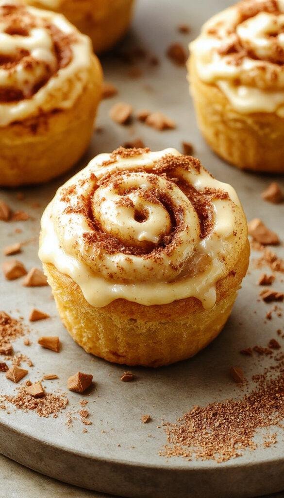 Delicious cinnamon roll cupcakes topped with frosting and cinnamon swirls on a rustic plate.