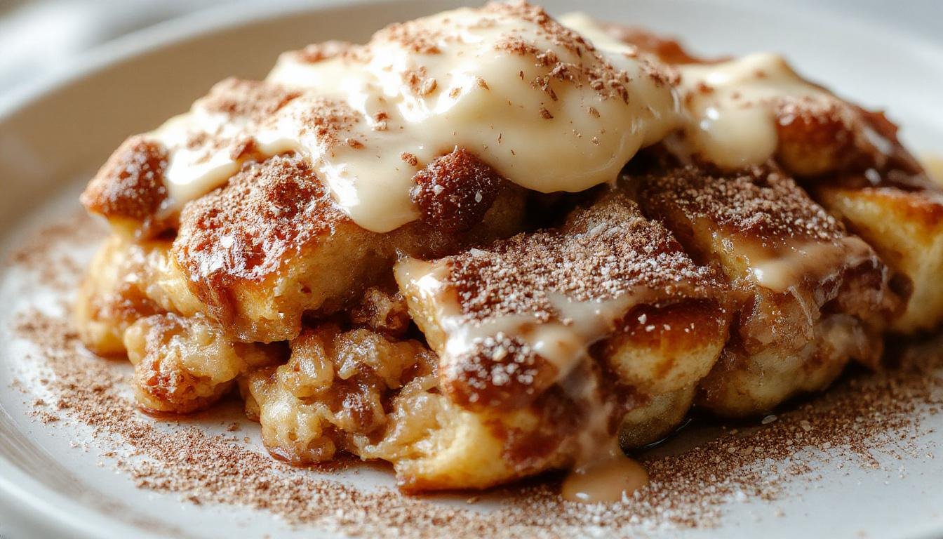 A golden-brown cinnamon roll French toast casserole in a white ceramic dish, topped with a drizzle of icing and sprinkled with powdered sugar. Slices reveal a gooey, cinnamon-infused interior with visible swirls of cinnamon spices and soft bread textures, arranged attractively on a rustic wooden surface.