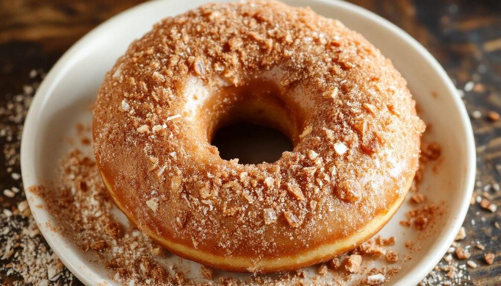 Golden-brown baked donuts coated in cinnamon sugar, arranged on a rustic wooden platter with a dusting of extra cinnamon sugar around them, exhibiting a slightly cracked surface and soft interior texture.