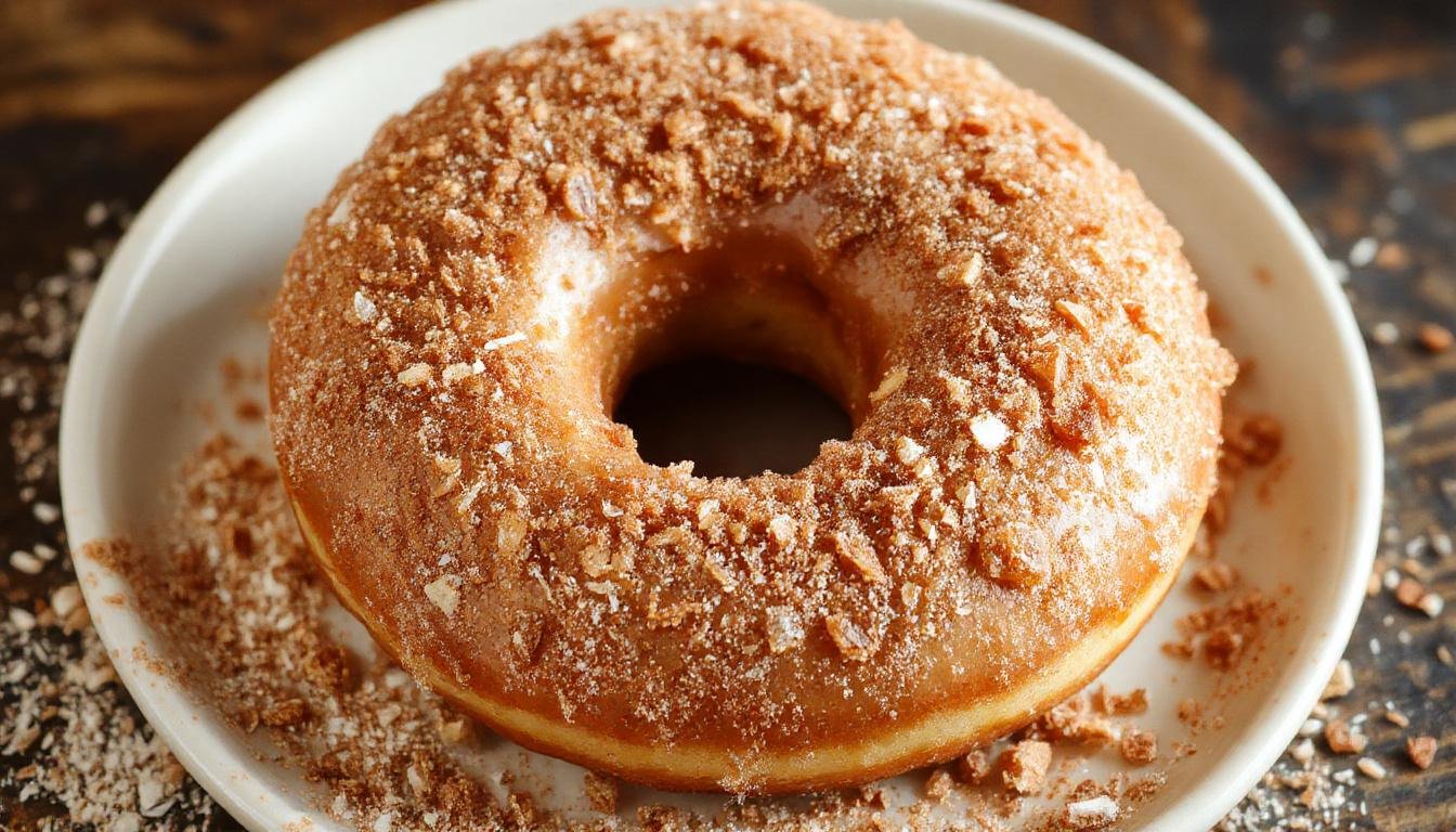 Golden-brown baked donuts coated in cinnamon sugar, arranged on a rustic wooden platter with a dusting of extra cinnamon sugar around them, exhibiting a slightly cracked surface and soft interior texture.
