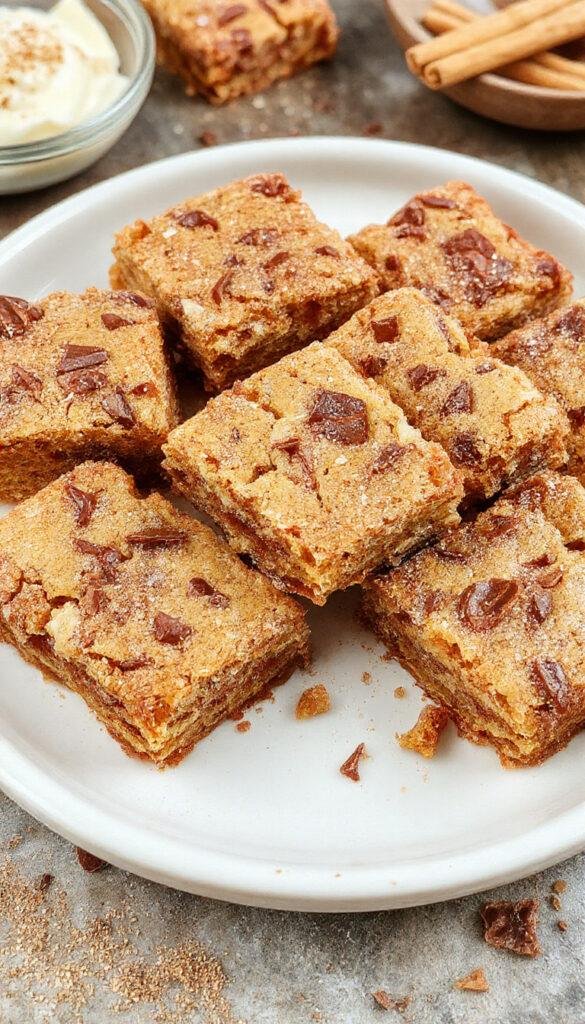 Golden cinnamon sugar blondies with a spicy swirl, topped with a sprinkle of cinnamon powder, placed on a rustic wooden table.