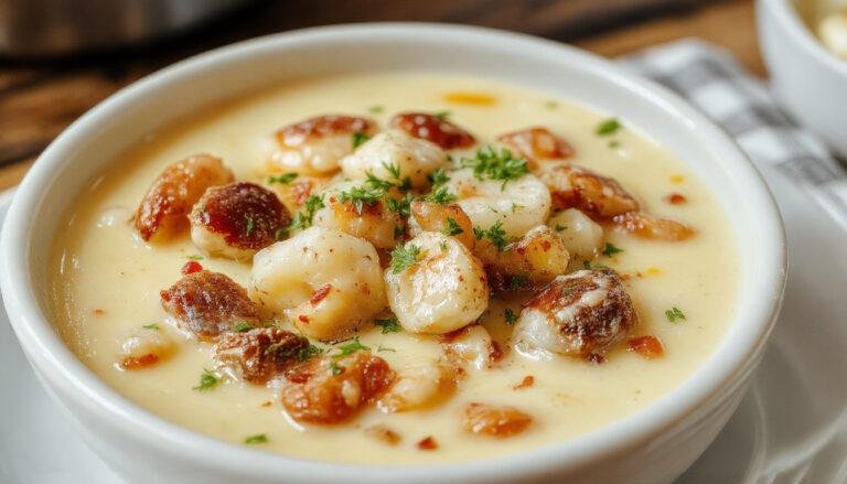 A creamy bowl of clam chowder with visible chunks of tender clams, diced potatoes, and chopped herbs, garnished with a sprig of parsley, served in a rustic white bowl on a wooden table with a crusty bread roll and a spoon beside it.