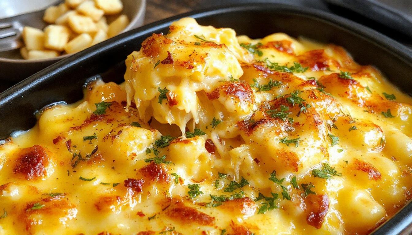 A golden-brown baked mac and cheese dish served in a rustic white ceramic casserole dish. The top is bubbling and crispy with a crust of melted cheese, with tender pasta visible beneath. The dish is garnished with a sprinkle of chopped parsley and surrounded by a warm, inviting table setting.