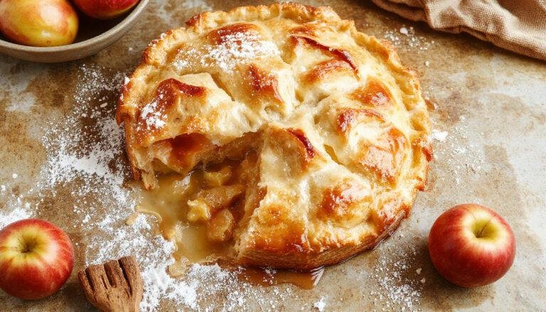 A golden-brown apple pie with a flaky, latticed crust sits on a rustic wooden table. Sliced open to reveal tender, cinnamon-spiced apple filling with caramelized edges, steam gently rising from the warm dessert. The crust glistens slightly, showcasing its crispy layers and inviting texture.