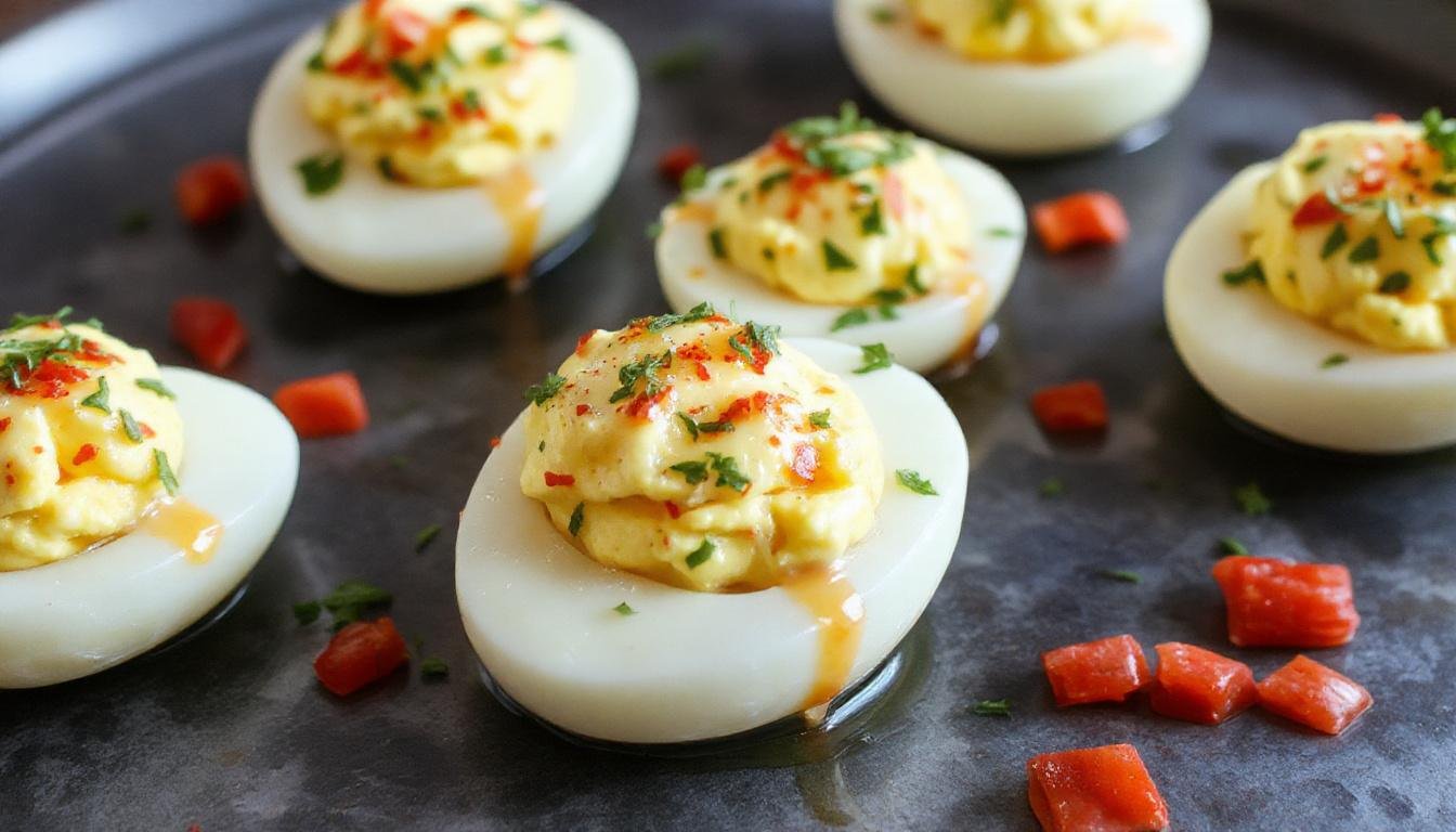A close-up of two halved deviled eggs arranged on a white plate. The eggs are filled with creamy, pale yellow yolk mixture, topped with a sprinkle of paprika and a small chive. The eggs are presented on a rustic wooden surface with a blurred background highlighting a festive setting.
