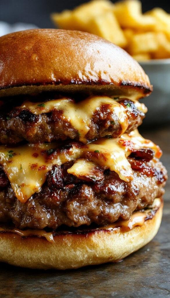 Juicy classic grilled cheeseburger with melted cheese, lettuce, tomato, and pickles on a toasted bun, served on a rustic wooden plate.