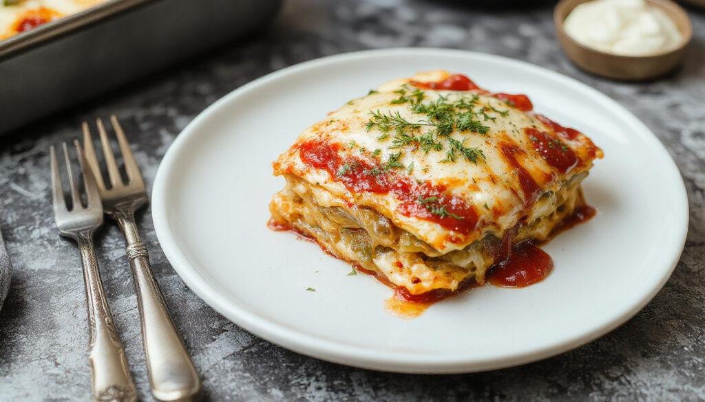 A rectangular white ceramic dish filled with layered lasagna, showing golden-brown melted cheese on top, bubbling edges, and visible layers of pasta, ricotta, and marinara sauce garnished with fresh basil.