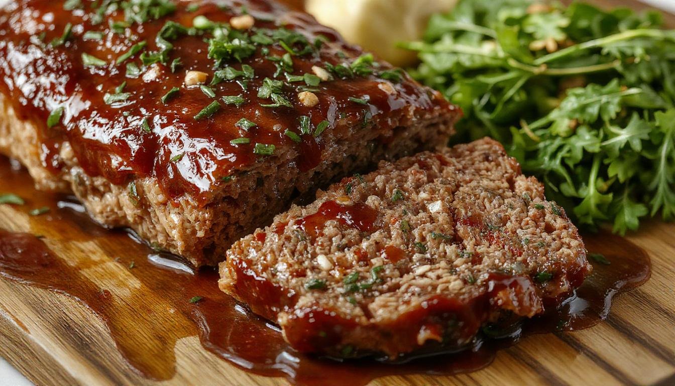 A classic meatloaf glazed with a shiny, caramelized tomato-based topping, sliced to reveal a moist, finely ground meat interior. The meatloaf is presented on a rustic white plate with a side of steamed vegetables, emphasizing its hearty, comforting appeal.