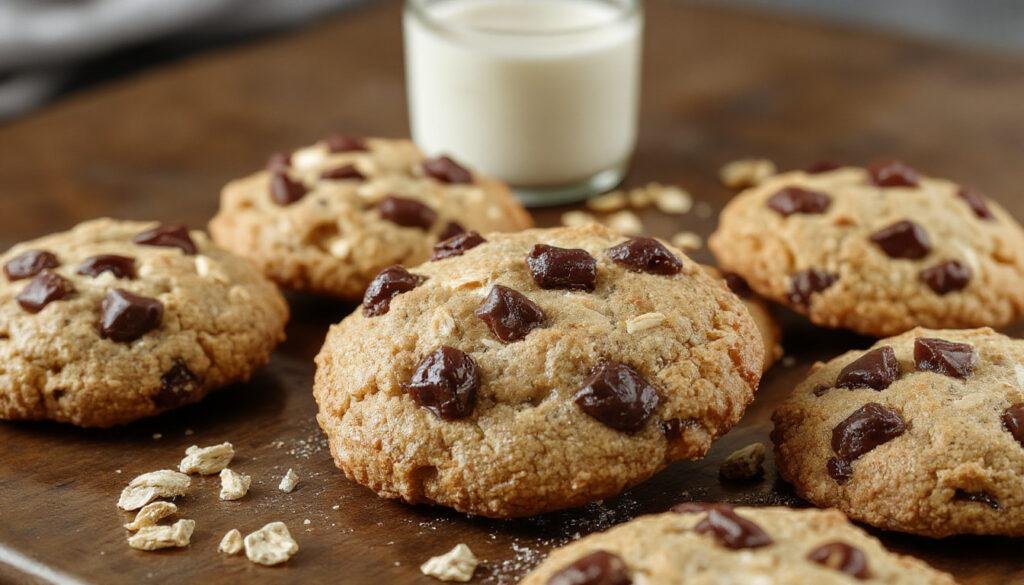A close-up of golden-brown oatmeal raisin cookies placed on a rustic wooden platter. The cookies are slightly cracked on top, revealing a chewy texture with visible raisins and oats. The surface is shiny and glazed, with some raisins peeking through, and a few broken pieces scattered around, highlighting their hearty composition.