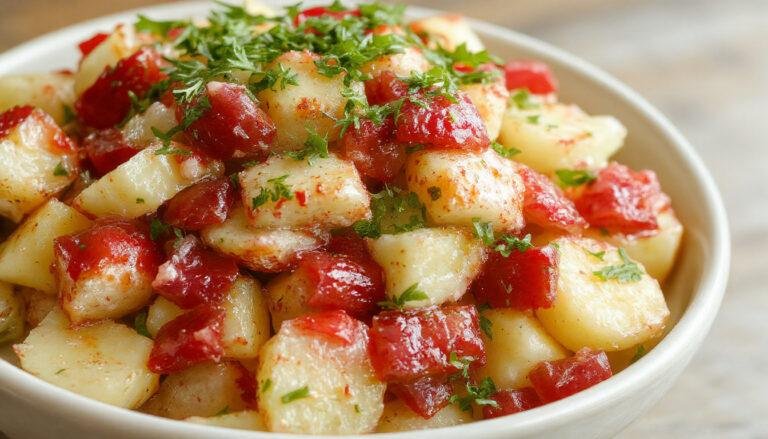 A bowl of creamy potato salad garnished with chopped herbs, served on a wooden platter alongside fresh vegetables and lemon wedges, with a rustic background