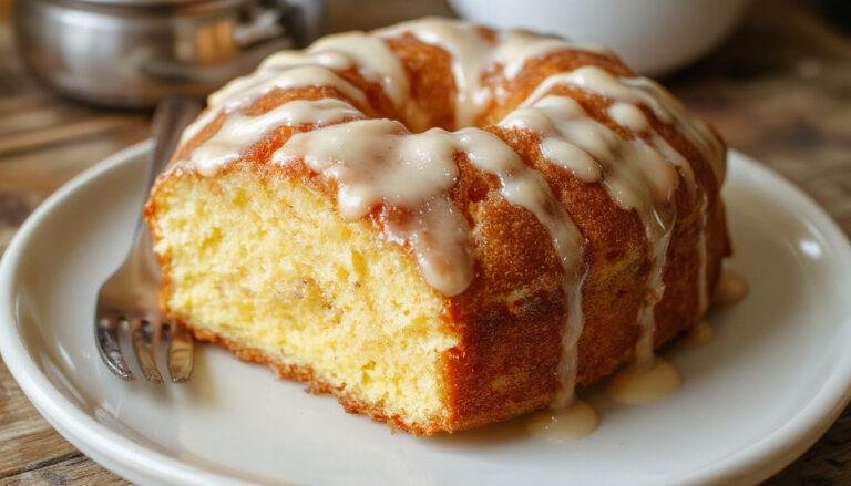 A slice of golden-brown pound cake with a smooth vanilla glaze drizzled over the top, plated on a white ceramic dish with a sprig of fresh vanilla bean on the side, set against a rustic wooden background. The cake's crumbly texture contrasts with the glossy glaze, highlighting its moist interior.