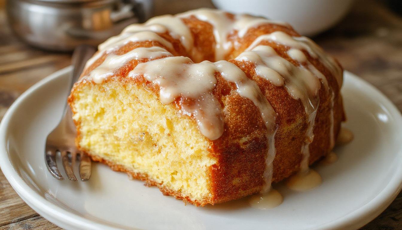A slice of golden-brown pound cake with a smooth vanilla glaze drizzled over the top, plated on a white ceramic dish with a sprig of fresh vanilla bean on the side, set against a rustic wooden background. The cake's crumbly texture contrasts with the glossy glaze, highlighting its moist interior.