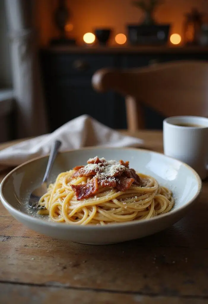Close-up of classic spaghetti carbonara served on a plate in a cozy home setting, showcasing creamy pasta with pancetta and Parmesan cheese on a wooden table with warm lighting.