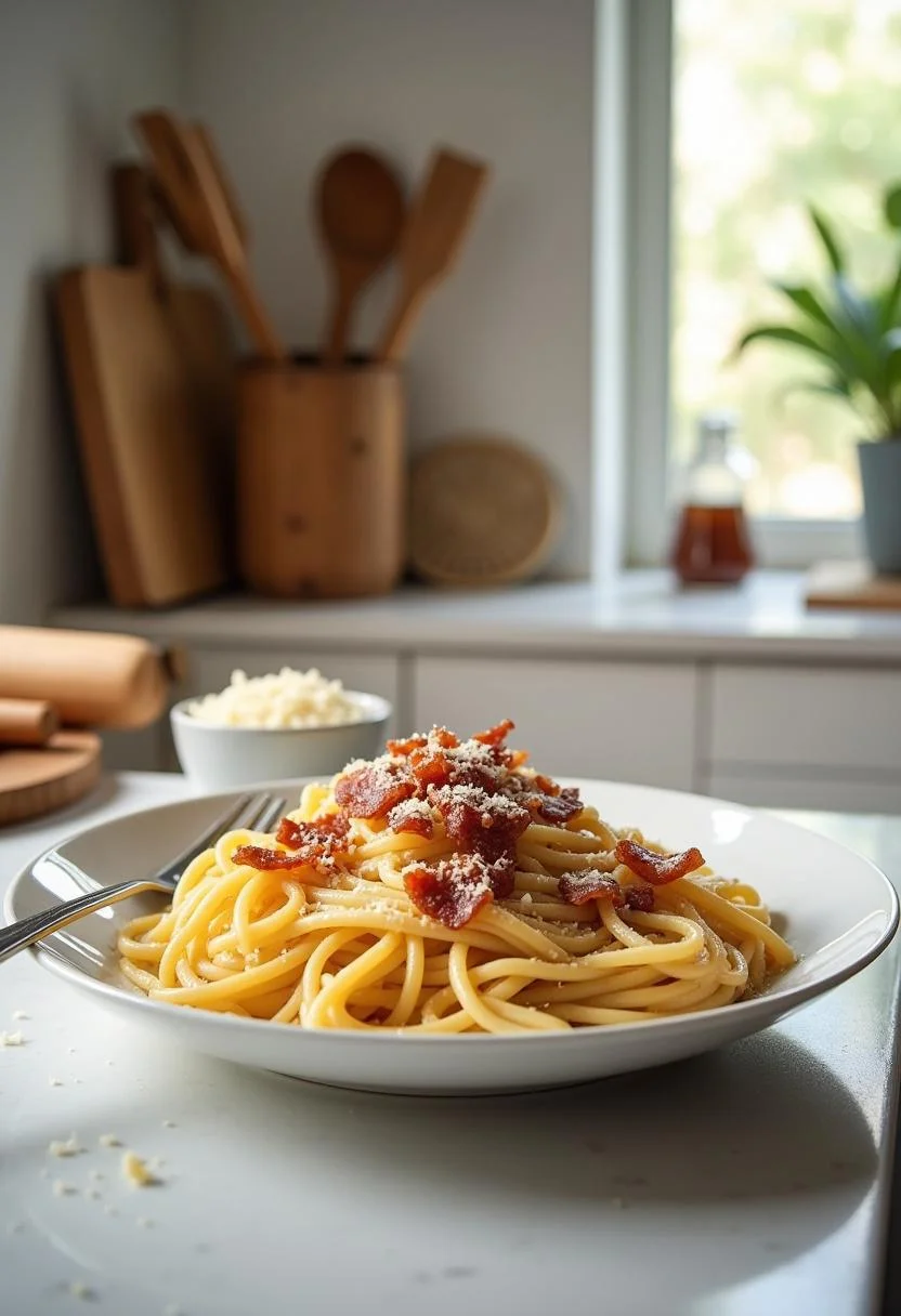 A detailed image of plated classic spaghetti carbonara on a kitchen counter, showing creamy pasta with pancetta and Parmesan, with kitchen utensils and natural lighting in the background.