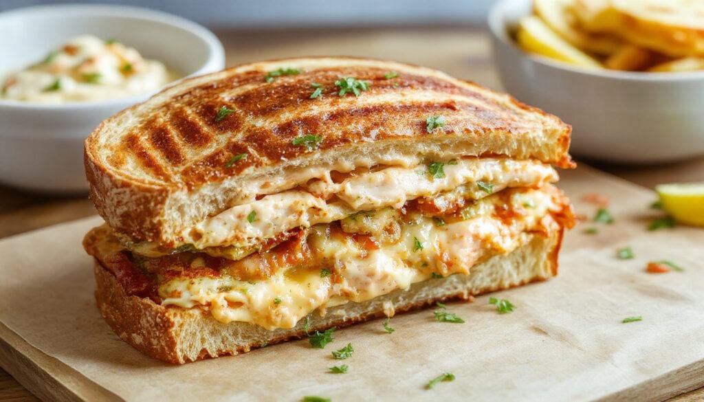 A close-up of a golden-brown toasted tuna melt sandwich topped with melted cheese and crispy bread slices. Visible chunks of tuna and melted cheese are inside, with slightly crisp edges and a toasted crust that hints at a savory, satisfying texture.
