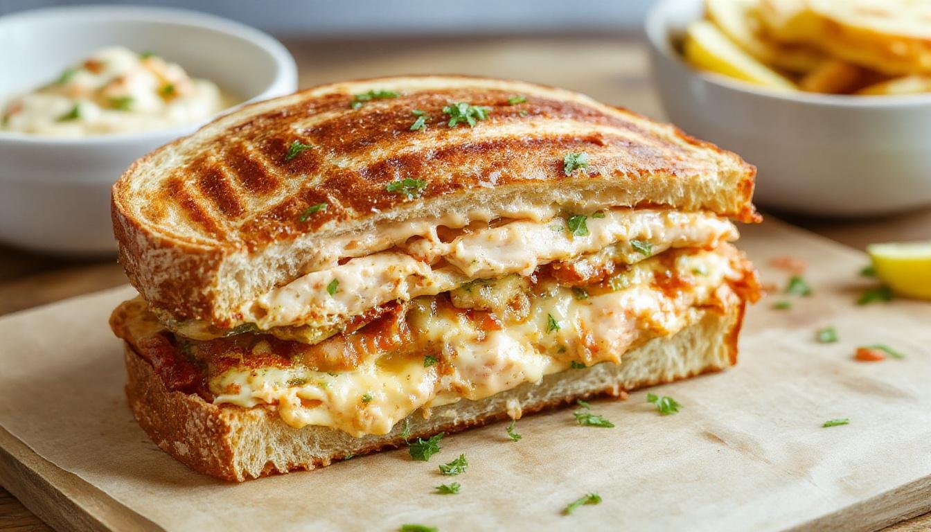 A close-up of a golden-brown toasted tuna melt sandwich topped with melted cheese and crispy bread slices. Visible chunks of tuna and melted cheese are inside, with slightly crisp edges and a toasted crust that hints at a savory, satisfying texture.