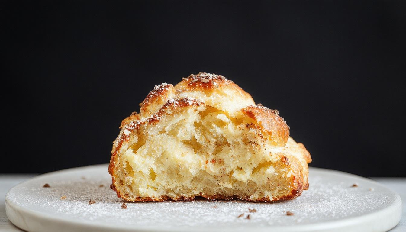 A fluffy, cloud-like bread with a soft, airy texture, topped with a sprinkle of powdered sugar. The bread is split open to reveal its light interior, served on a clean, white plate with a minimalist background, emphasizing its delicate, pillowy appearance.