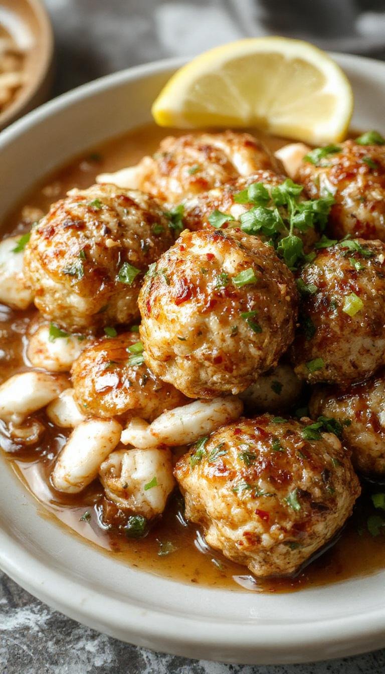 A close-up of golden coconut chicken meatballs served on a rustic plate, garnished with fresh herbs and a side of dipping sauce.