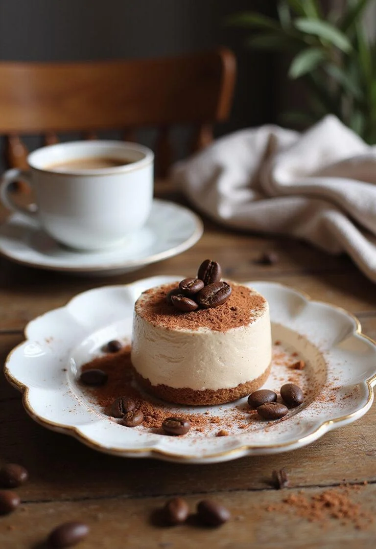 A realistic scene of coffee mousse served on a plate with cocoa powder and coffee bean garnish, set in a cozy home environment with a wooden table, blanket, and a cup of coffee nearby, under warm natural light.