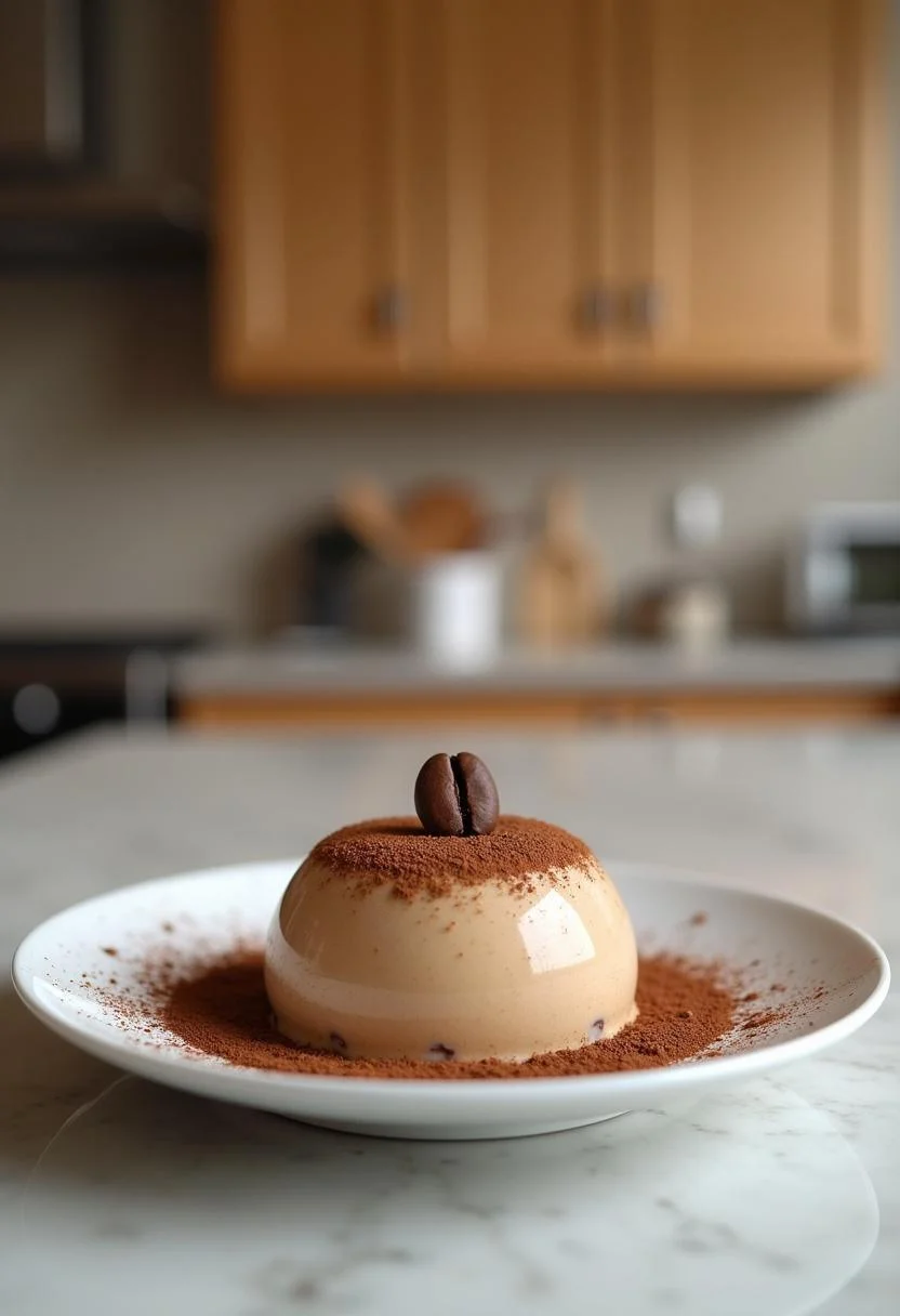A realistic scene of coffee mousse served on a plate with cocoa powder and a coffee bean garnish, shown on a kitchen countertop with a blurred kitchen background and warm ambient lighting, emphasizing the dessert's creamy and inviting appearance.