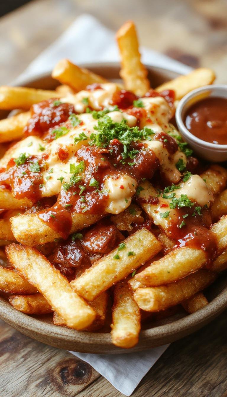 Close-up of crispy French fries topped with melted cheese, spread of In-N-Out Animal Style sauce, grilled onions, and chopped pickles, garnished with fresh herbs.