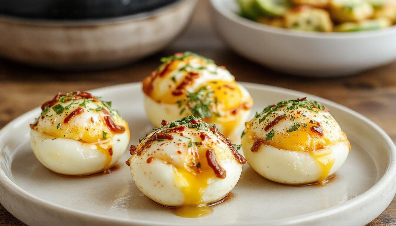 A close-up of two oval-shaped Starbucks Egg Bites nestled on a white ceramic plate. The bites have a golden-brown top with visible bits of cheese and green herbs, with a smooth, custard-like interior slightly visible from a small cut. The background shows a blurred coffee cup and a breakfast setting, emphasizing a cozy, inviting atmosphere.