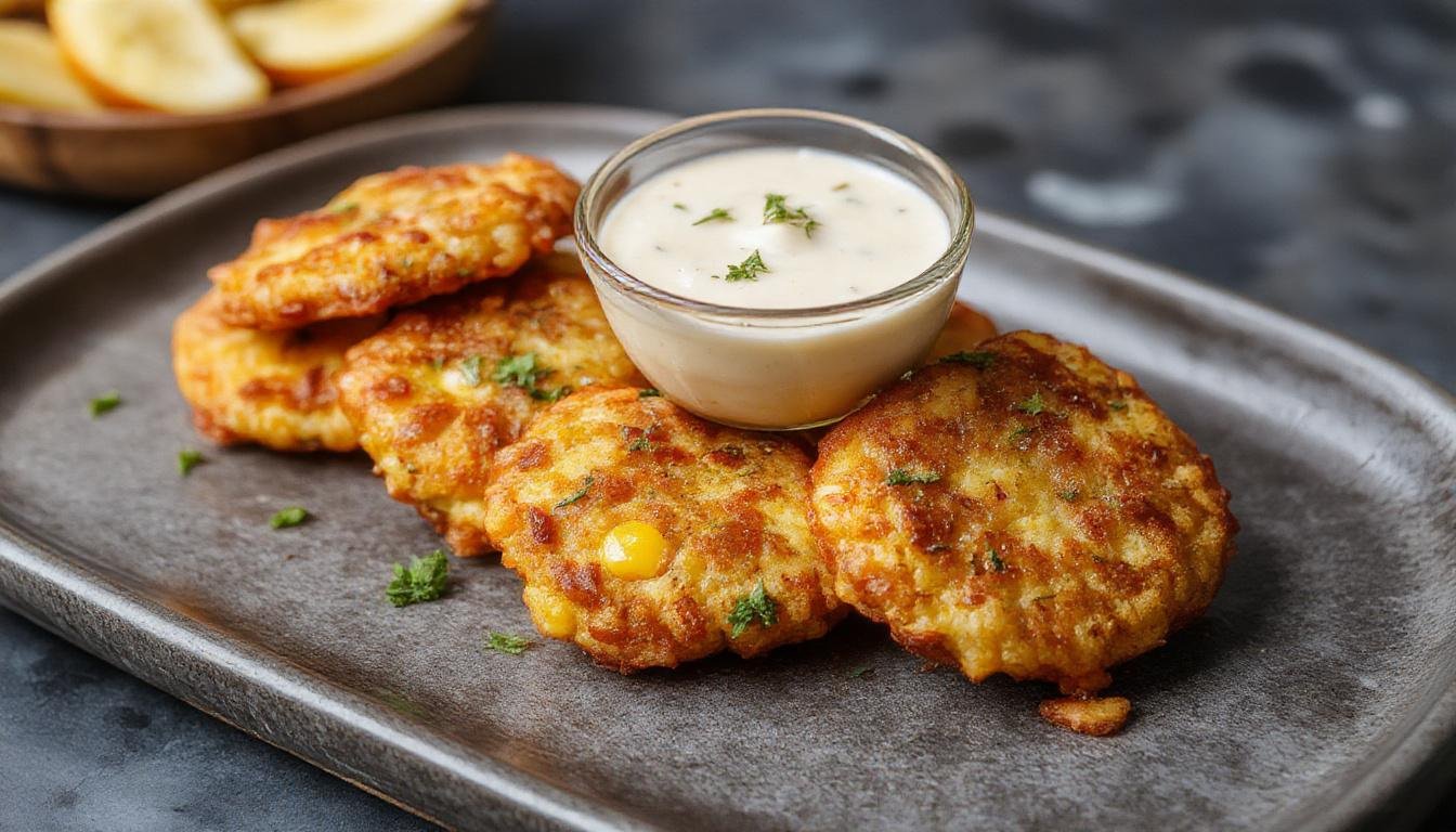Golden-brown corn fritters arranged on a white plate, drizzled with spicy aioli and garnished with chopped green herbs, with a side of lemon wedges. The fritters are crispy and textured, contrasting with the creamy aioli, set against a rustic table background.