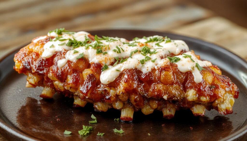 A close-up of golden-brown corn ribs with charred grill marks, seasoned with herbs and spices, arranged on a rustic platter garnished with fresh herbs, showcasing crispy edges and tender corn kernels.