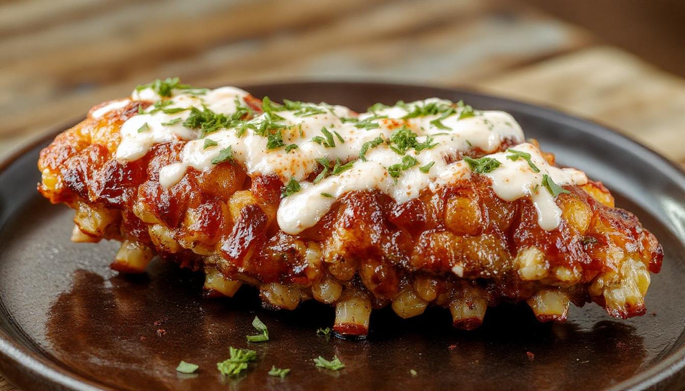 A close-up of golden-brown corn ribs with charred grill marks, seasoned with herbs and spices, arranged on a rustic platter garnished with fresh herbs, showcasing crispy edges and tender corn kernels.