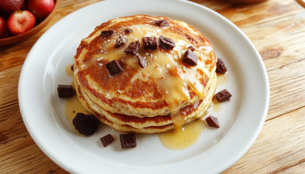 A stack of golden-brown cottage cheese pancakes topped with fresh berries and a drizzle of honey, served on a rustic white plate with a fork beside them