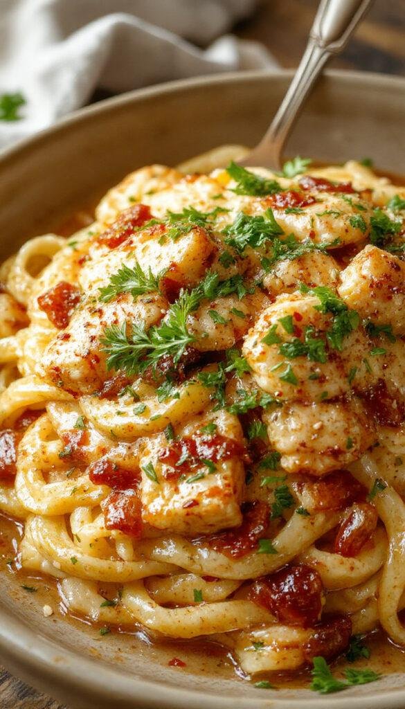 A plate of Cowboy Butter Chicken Linguine featuring tender chicken pieces, golden linguine pasta, and flavorful buttery sauce garnished with herbs.