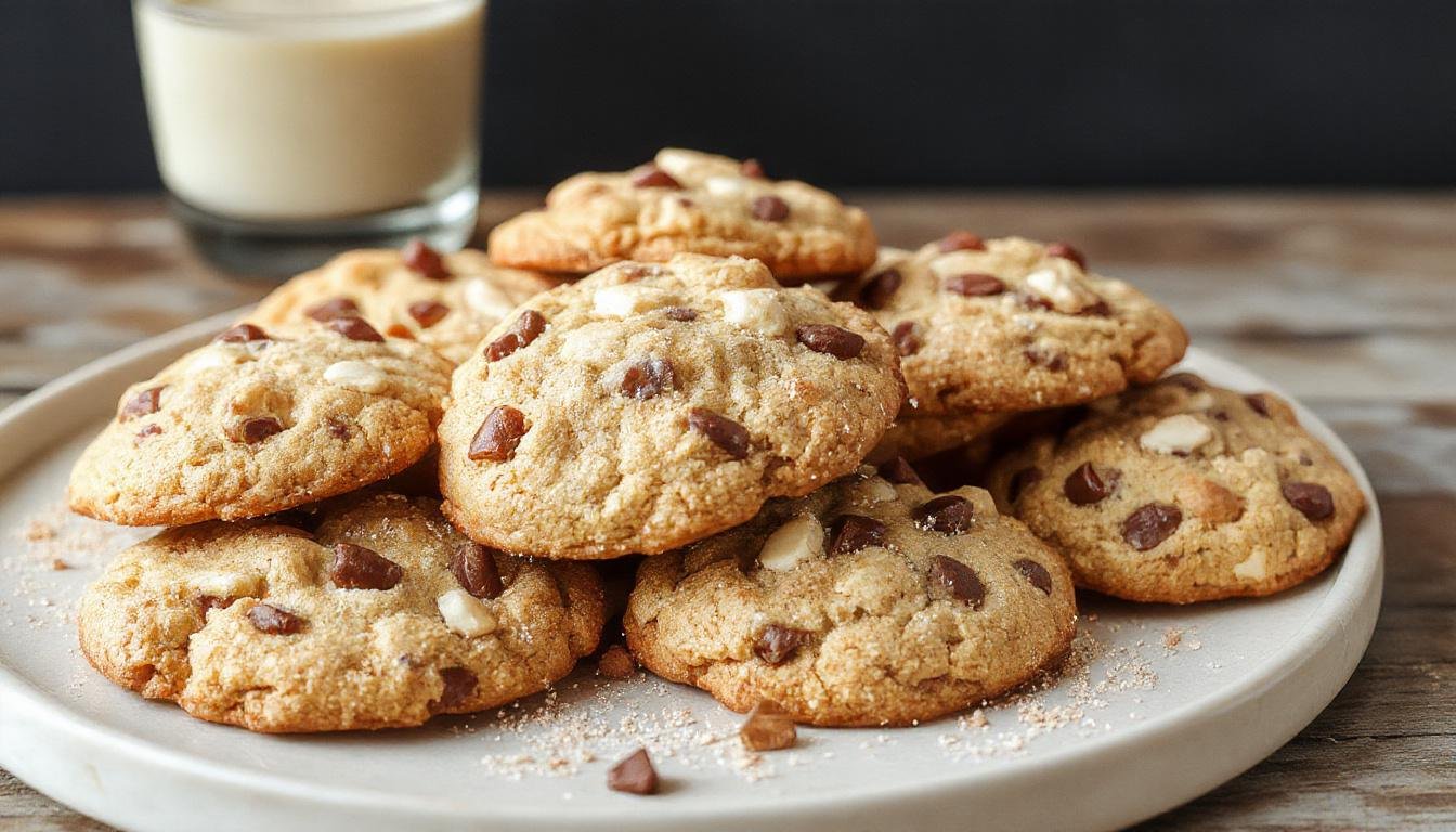 A rustic wooden platter showcasing a batch of cowboy cookies with a golden-brown, slightly crispy edges, studded with chocolate chips, oats, and chunks of nuts and coconut, with some cookies slightly stacked and others scattered, highlighting their chunky, loaded appearance and chewy texture.