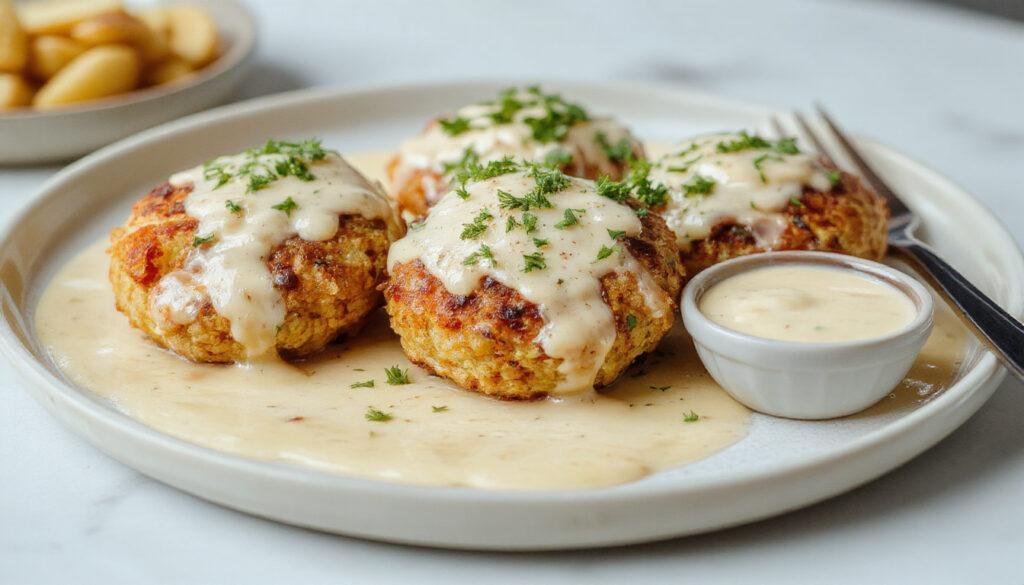Golden-brown crab cakes arranged neatly on a white plate, garnished with fresh parsley and lemon wedges, accompanied by a small ramekin of creamy remoulade sauce, on a rustic wooden table