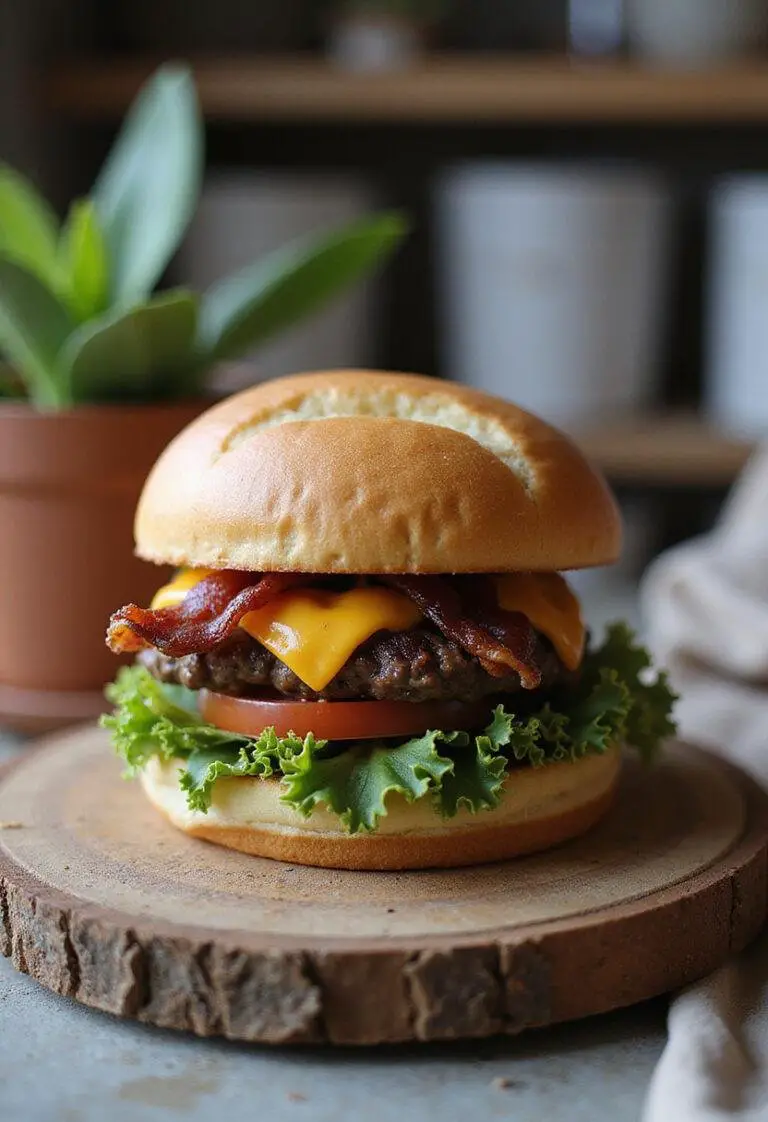 Close-up of a crack burger with a beef patty, melted cheese, crispy bacon, lettuce, tomato, and bun, presented on a wooden surface in a warm home kitchen setting.