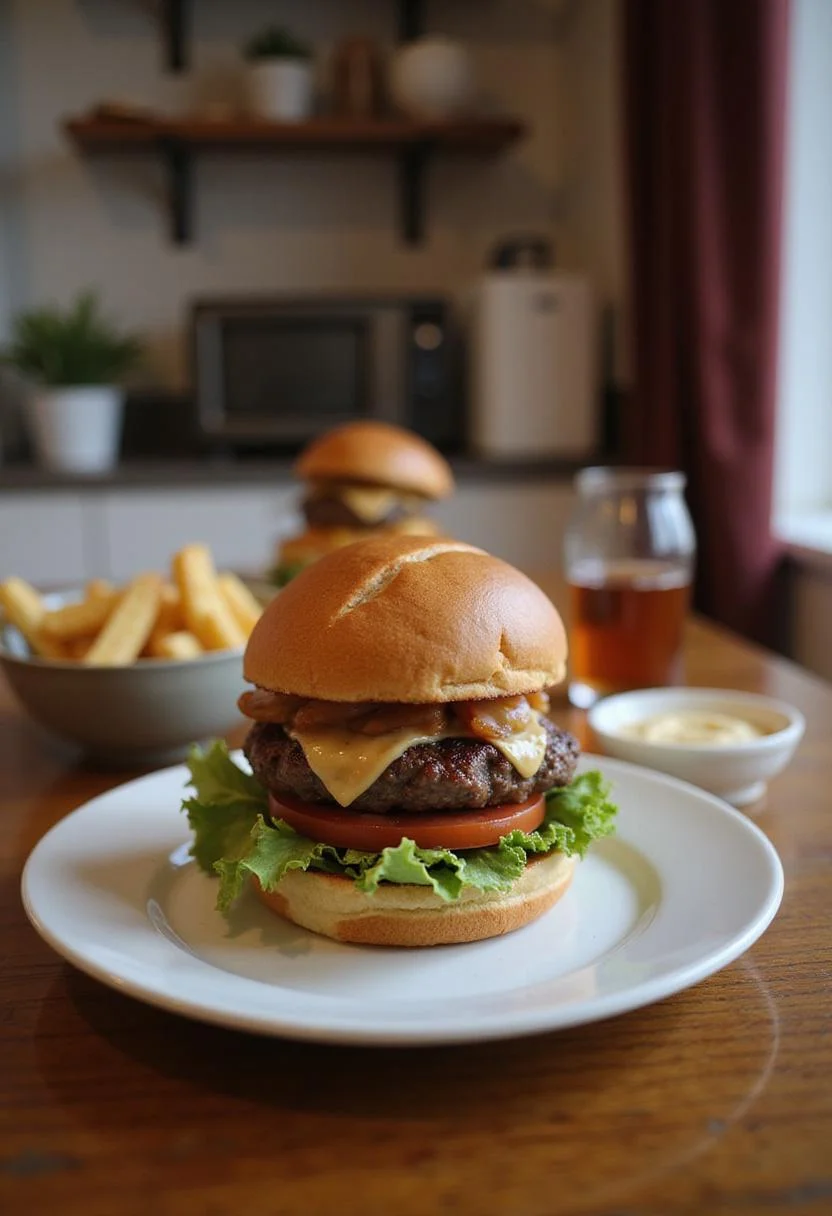 An appetizing crack burger on a plate with fresh toppings, displayed on a home dining table with cozy decor and warm lighting, evoking comfort and homeliness.