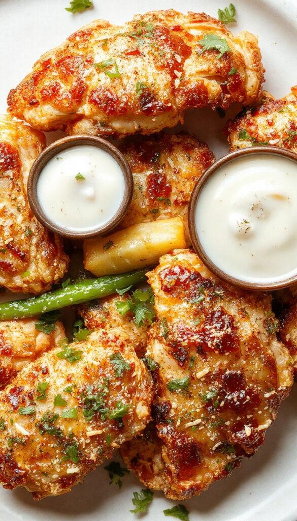 Golden crispy Crack Chicken Tenders garnished with fresh herbs on a rustic wooden plate.