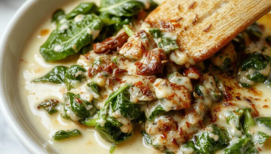 A creamy, vibrant green creamed spinach served in a white ceramic ramekin, topped with a sprinkle of grated nutmeg and melted butter, with a polished silver spoon resting beside it on a dark wooden table. The spinach appears smooth and velvety, with a slight sheen indicating richness.