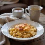 Close-up of creamy baked Mac and cheese plated in a white bowl, featuring a cheesy, golden topping, set in a cozy home environment with warm lighting and a relaxed atmosphere.