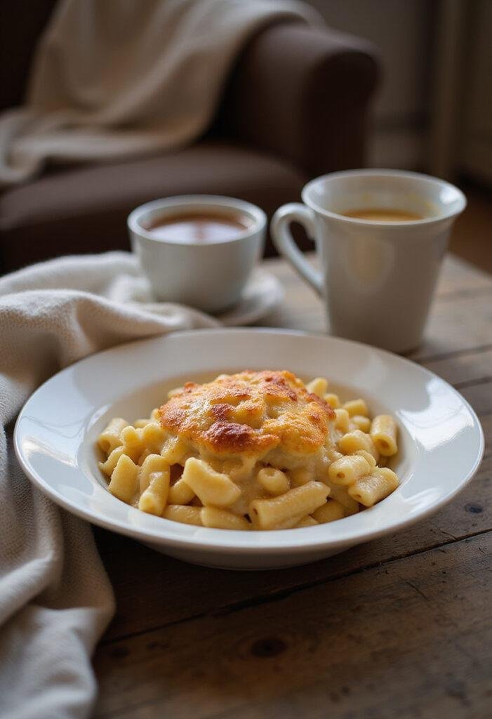 Close-up of creamy baked Mac and cheese plated in a white bowl, featuring a cheesy, golden topping, set in a cozy home environment with warm lighting and a relaxed atmosphere.
