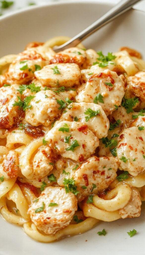 A plate of creamy Cajun chicken pasta garnished with herbs, showcasing tender chicken slices, fettuccine coated in spicy creamy sauce, and colorful bell peppers.