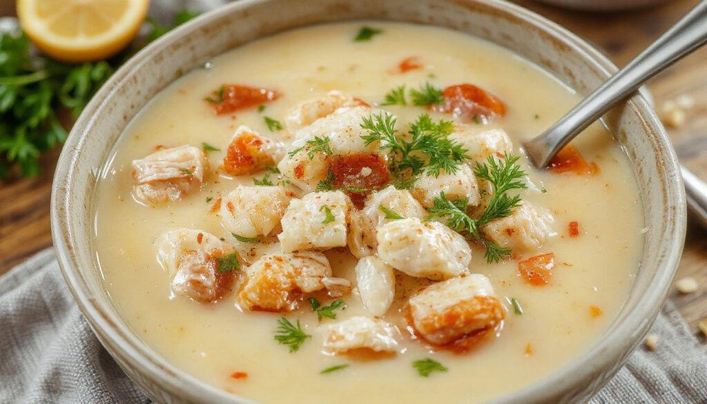 A steaming bowl of creamy chicken noodle soup with tender shredded chicken, al dente pasta, vibrant carrots and celery, garnished with chopped parsley, served in a rustic white bowl on a wooden table with a spoon and a napkin nearby.