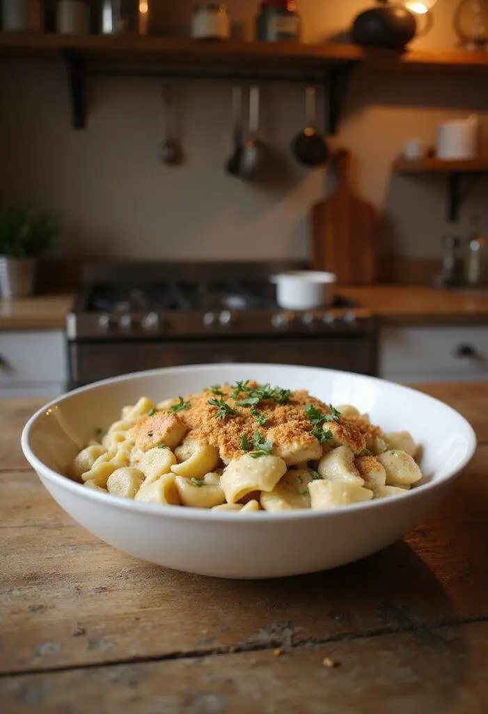 Creamy chicken pot pie pasta served in a white ceramic bowl on a rustic wooden table in a cozy kitchen setting, topped with breadcrumbs and herbs, creating an inviting home-cooked meal scene.